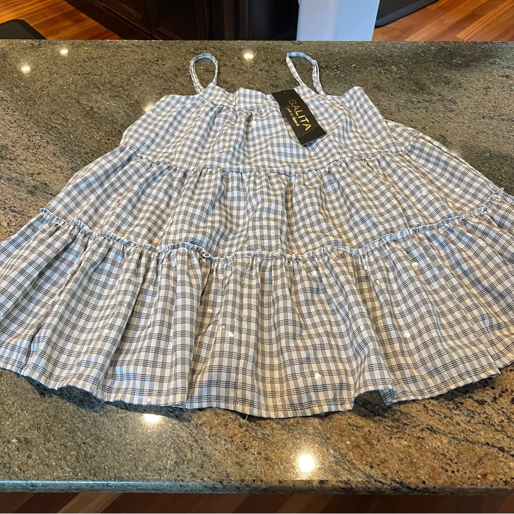 NWT Galita Strappy Plaid Sequin Shimmer Baby Doll Trapeze Sundress Dress S White